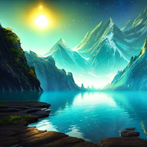 Prompt: Lovecraftian highly futuristic new planet landscape beautiful lake
