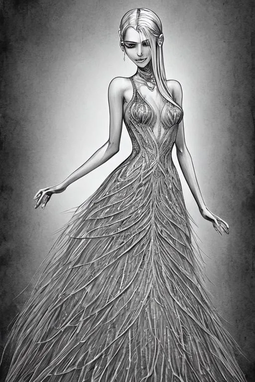Prompt: a full body greyscale ink illustration of a slender flat chested princess with veins showing through transparent skin and straight silver hair wearing a large victorian dress in the style of vintage fantasy by david trampier