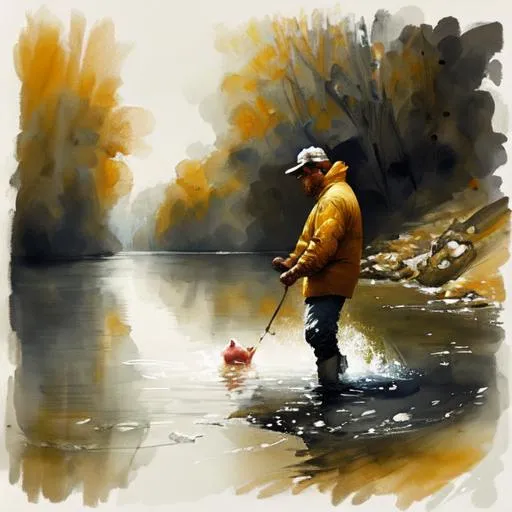 Prompt: A fisherman catches a pig in the water. 