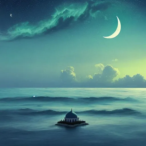 Prompt: Ocean surface as ground, a simple mosque on clouds in the sky, night sky with half moon in background, with blue-green color theme