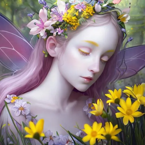 Prompt: fairy goddess of spring, pale skin,surrounded by vivid yellow wildflowers,closeup