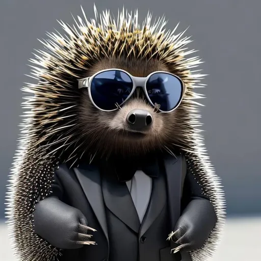 Prompt: A cool porcupine wearing sunglasses and a black suit.
