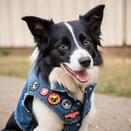 Prompt: border collie wearing a heavy metal music denim vest with patches 