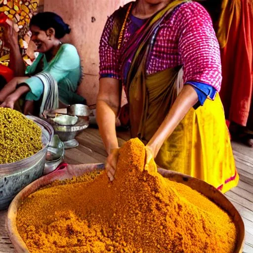 Prompt: Rural women of Maharashtra packing spices like Turmeric and Red chili powder. They look happy.