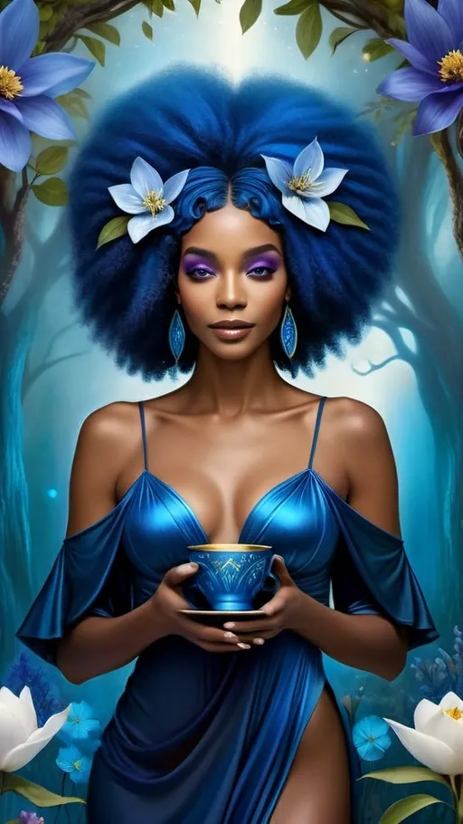 Prompt: Three mystical black women with vibrant blue hair, vibrant blooming flowers, mystical setting, magical atmosphere, unity and celebration, high quality, mystical art style, vibrant blue and purple tones, soft and ethereal lighting, detailed facial features, flowing and elegant hair, magical and enchanting, friendship and harmony, abundance and unity, professional, detailed, magical realism, fantasy with 3 of cups