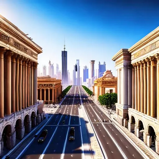 Prompt:  ultrarealistic futurist  city glory of roman empire, many details, streets, buildings, future cars, 8k, hdr, Beautifully Detailed, Natural Lighting, Light Diffusion, dystopian, roman architecture, 