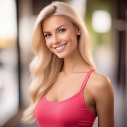 Prompt: Tall attractive blonde Woman warm smile. Strong back muscles. Looks like human barbie