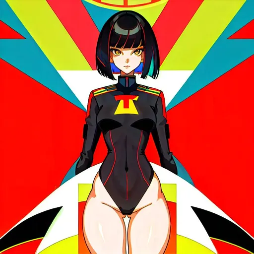 Prompt: a lonely AI girl, very tall, thick thighs, wide hips, long legs, slender waist, big beautiful symmetrical eyes, intriguingly beautiful face, aloof expression, bob haircut with bangs, colorful Soviet Propaganda art style, 12K resolution, hyper quality, hyper-detailed, depth of field