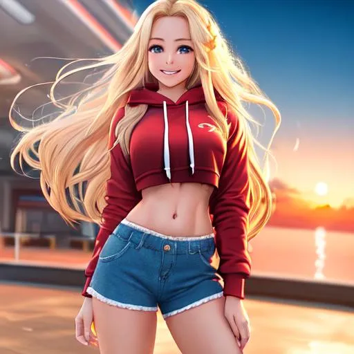 Prompt: extremely realistic, hyperdetailed, extremely long blonde wavy hair anime girl, deep red blush, smiling happily, wears cropped hoodie, wears dolphins shorts, toned body, showing abs midriff, highly detailed face, highly detailed eyes, full body, whole body visible, full character visible, soft lighting, high definition, ultra realistic, 2D drawing, 8K, digital art