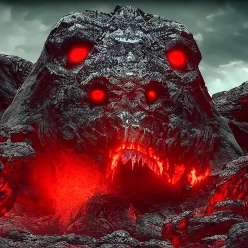 Prompt: Creepy black rock monster with red glowing eyes in a cave 4K good quality 
