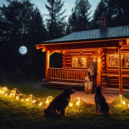 Prompt: tiny wooden family with dog in backyard of log cabin, string lights, moon at night



