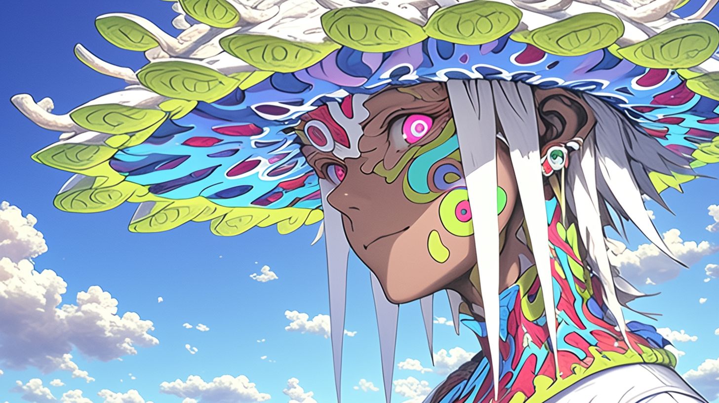 Prompt: Create an artwork with whimsical characters featuring shiny eyes, against a background of detailed skies, embodying kawaii pop art. The art should include multi-layered color fields and psychedelic elements, filling the entire canvas to the edges without any borders, offering a vibrant, joyful, and whimsical full-frame composition