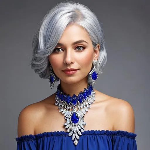 Prompt: A woman with silver hair, wearing sapphire jewelry 