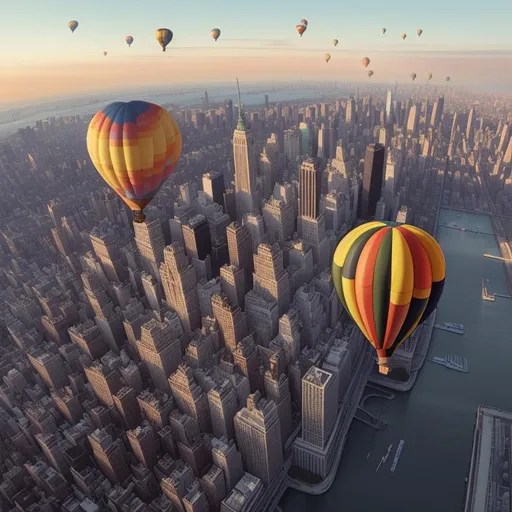 Prompt: LITHOGRAPH, HOT AIR BALLOON FLOATING OVER NEW YORK CITY, 4k