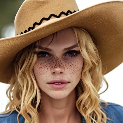 Prompt: a woman,blond hair, freckles, cowboy hat, wavy hair, thin eyebrows, slim nose, sharp jawline