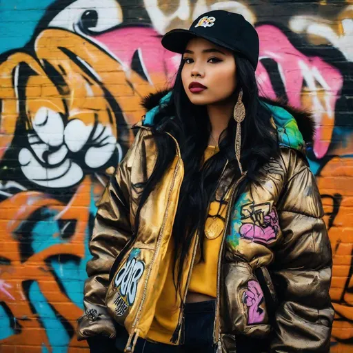 Prompt: graffiti art, pretty young Indonesian woman, 25 year old, (round face, high cheekbones, almond-shaped brown eyes, small delicate nose, long black hair in braids, baseball cap), bright puffer jacket, hip hop clothes, large gold jewelry,dynamic pose, dirty old street, colorful graffiti walls