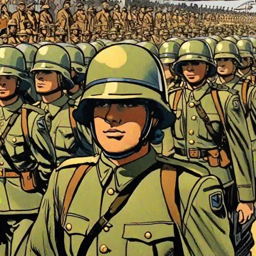 Prompt: A regiment of scifi soldier, with M1918 helmet, in parade. In the background a cheering crowd. marvel comics art. dc comics art. comics art. 2d art. 2d.
  