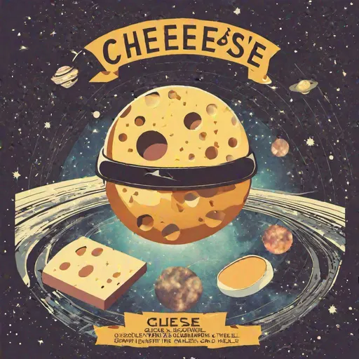 Prompt: 70’s style rock band cd cover with cheese, space, and galaxies, minimalist
