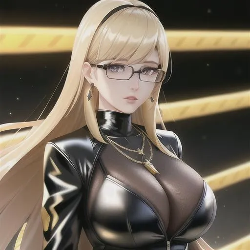 Prompt: half upper body portrait picture Unreal Engine 5 8K UHD Octane, fractal, pi, realistic beautiful girl, face detailed, wearing futuristic black latex catsuit, gold lace, latex glove, earrings, long blonde hair, gold necklace, leather jacket, glasses 
