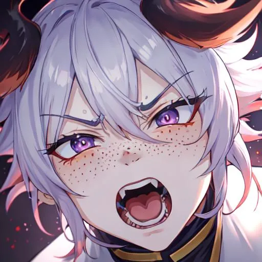 Prompt: Erikku male adult (short ginger hair, freckles, right eye blue left eye purple) UHD, 8K, Highly detailed, insane detail, best quality, high quality,  anime style, in purgatory, yelling, angry