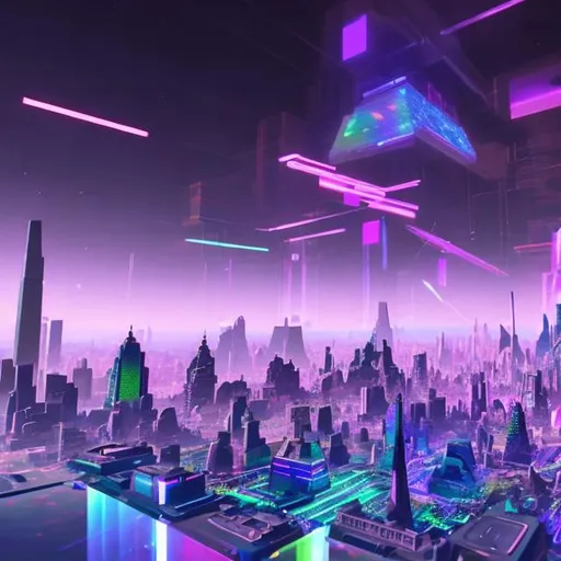 Prompt: Holographic City with black sky