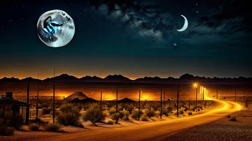 Prompt: Desert Town Landscape at night, Dusty feel, Moon Shining Brightly, Midnight Lighting, Sinister Tone, Wild West, Rifts New West Style