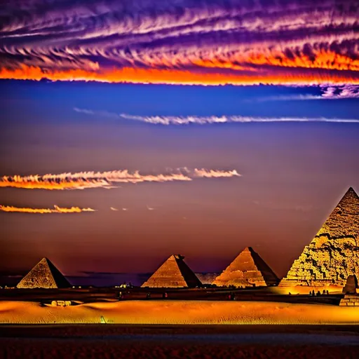 Prompt: Create an ethereal art piece that captures the awe-inspiring scene of the Great Sphinx of Giza and the Pyramids at sunset. The sky is painted with hues of warm oranges and purples, casting a gentle glow over the ancient structures. The Great Sphinx, with its majestic lion's body and human face, stands proudly in front of the Pyramids, its weathered stone bearing the weight of centuries. The Pyramids, with their precise geometry, rise powerfully from the desert sands, their edges catching the last rays of the setting sun. A sense of mystery and timelessness permeates the scene, hinting at the history and stories these ancient monuments hold. Ensure the best resolution and high of the image.