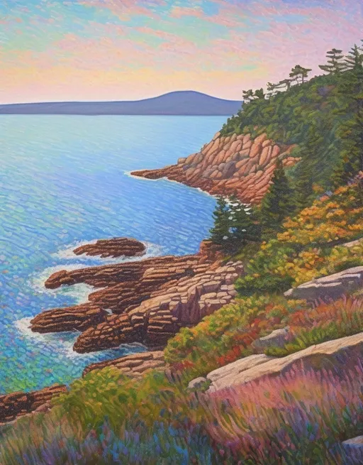 Prompt: A portrait painting of Acadia National Park, in the pointillism style of Claude Monet, with soft pastel colors.