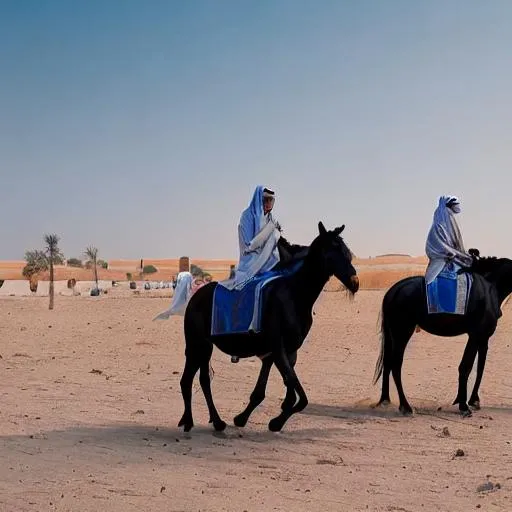 Prompt:  Bedouin futuristic, riyadh, women on arabian black horses, dead palm trees, white horses 