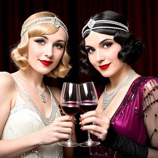 Prompt: Two 1920s  Flappers with diamond headpiece drinking wine