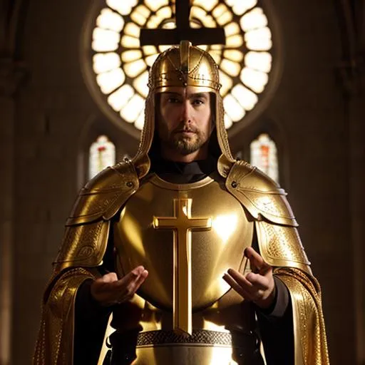 Prompt: Hyper realistic Holy Knight holding a giant golden cross