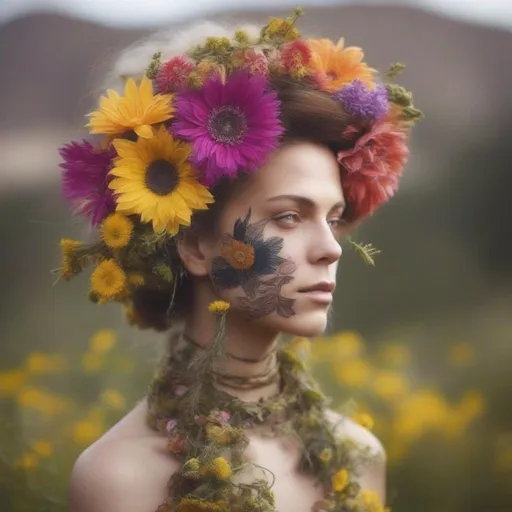 Prompt: wild people who are literally one with nature like wearing flowers