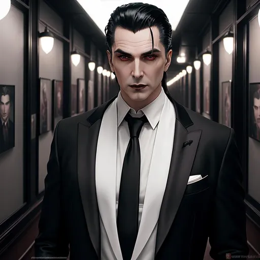 Prompt: Male vampire, Clan Tzimisce, plastic surgeon, mild Lovecraftian horror element to his face, cold expression, black hair slicked back, surrounded by macabre art in a sterile office, vampire the masquerade, detailed symmetrical face, city at night style background, well lit by street lights, vampire, real, alive, real skin textures,