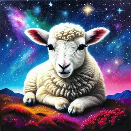 Prompt: Hyper-realistic beautiful , vivid and detail beautiful lamb, galaxy out in the universe filled with wonder, dread locks, vivid night sky with colored stars and sparkles