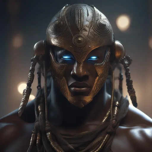 Prompt: A dark evil African mask cyborg warrior fighting monsters, magic glowing, concept art, dystopia, orientalist, full body, dynamic, pose,  insane detail, detailed, worn, cinematic, hyper realism, realistic proportions, dramatic lighting, high detail 4 k, artstation