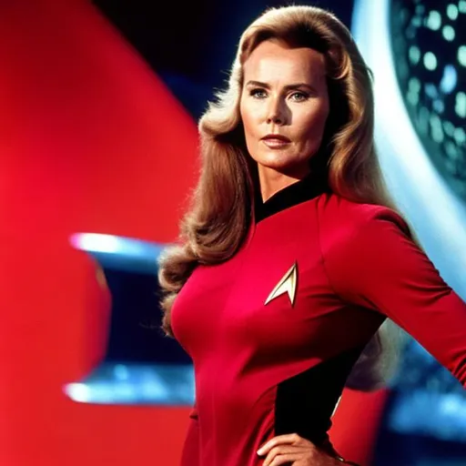 Prompt: A photograph of Wanda Ventham, wearing a Starfleet uniform, with a Star Trek background, in the style of the "Star Trek: The Wrath of Kahn."