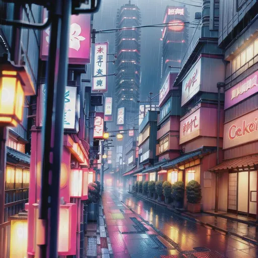 Prompt: high detail, cyberpunk scenery background, rainy, neon lights, japan style, drone cam