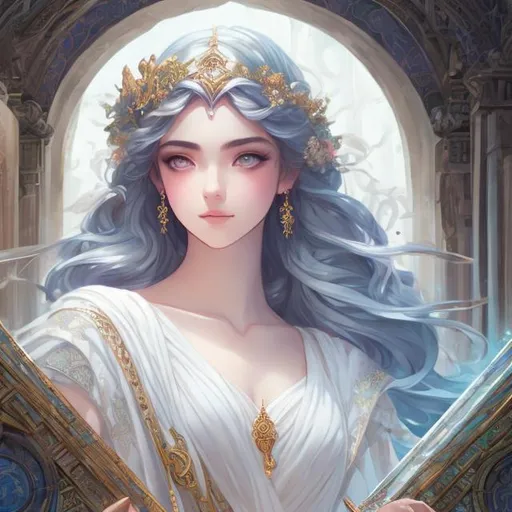 Prompt: Greek Mythology, DnD concept art, white robes, half body portrait, detailed face, detailed vibrant eyes, full eyelashes, ultra detailed accessories, magic, market background, dnd, artwork, fantasy,inspired by D&D, concept art, ((looking away from viewer)), ((Art inspired by studio ghibli))