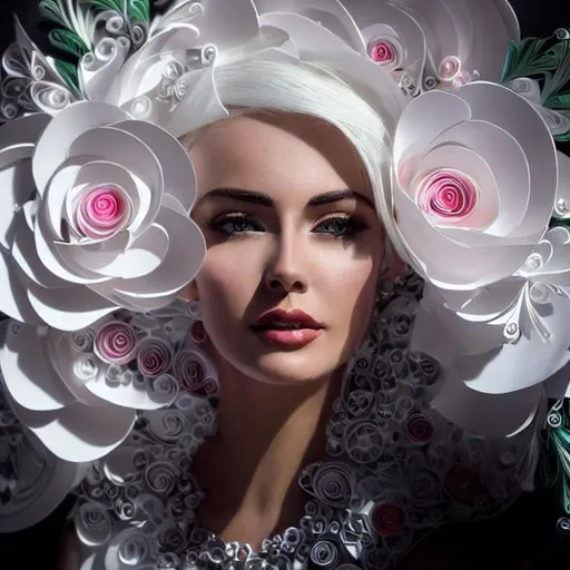 Prompt: realistc woman in white dress with white platinum hair. Serene expression. Around white and pink roses, quilling. White backgroung. An intricate detailed white 3D paper patchwork, quilling intricate details 