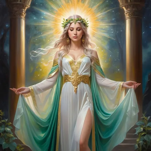 Prompt: Elf Deity, oil painting, detailed robes, majestic pose, ethereal background, high quality, deity,  majestic pose,ethereal, atmospheric lighting