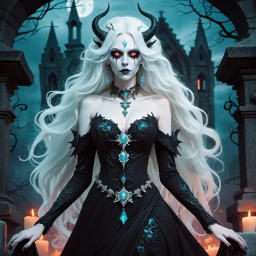 Prompt: Fantasy illustration of an the female archdemon of undead, full body, eerie and beautiful, blueish pale skin-color, very long curly white hair, white eyes, jewellery, wearing a long black wedding dress, glorifying pose, in a cursed eerie cemetery, vibrant colors