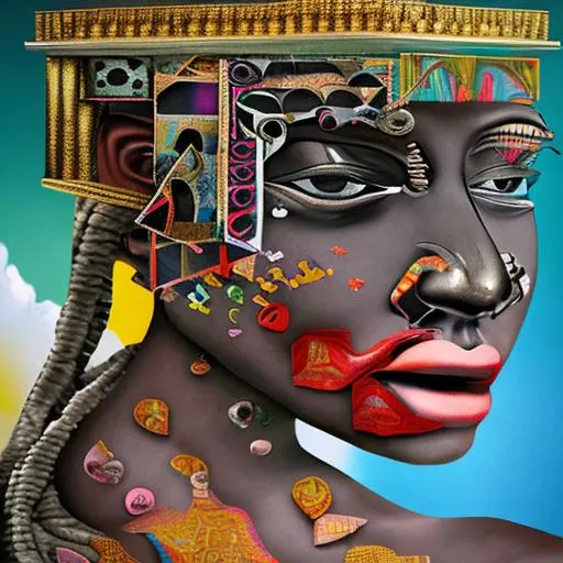 Prompt: half face mask puzzle, puzzle pieces, african dreams 3d