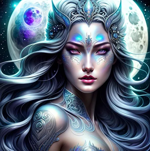 Prompt: Beautiful moon goddess covered in nightly glow with detailed silver features in the moon with illuminating moonshine, beams; by anna dittmann, floradriel, digital painting, extreme detail, 120k, ultra hd, hyper detailed, white, wlop, digital painting; crystal body, Anime Character, Detailed, Vibrant, Anime Face, Sharp Focus, Character Design, Wlop, Artgerm, Kuvshinov, Character Design, Unreal Engine, Vintage Photography, Beautiful, Tumblr Aesthetic, Retro Vintage Style, Hd Photography, Hyperrealism, Beautiful Watercolor Painting, Realistic, Detailed, Painting By Olga Shvartsur, Svetlana Novikova, Fine Art, Soft Watercolor