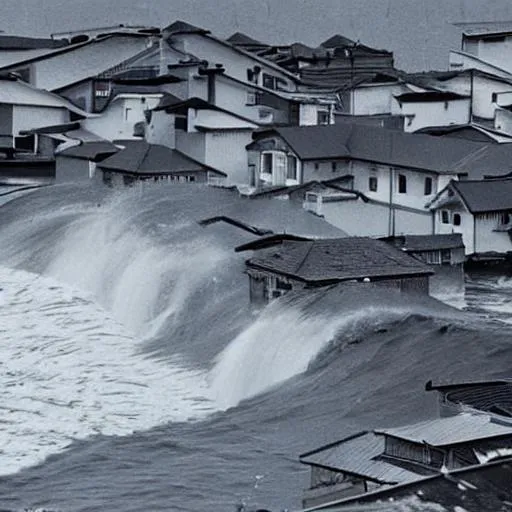 Prompt: A tsunami engulfing a town.