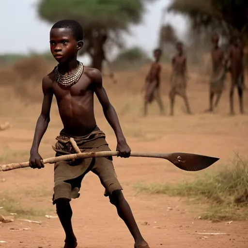 Prompt: a young african boy with a spear