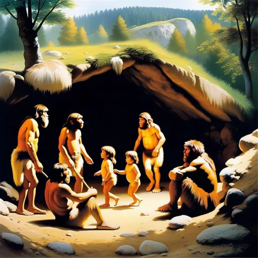 Prompt: A settlement of Neanderthals composed of men, women, and children, located in Central Europe approximately 100,000 years ago.