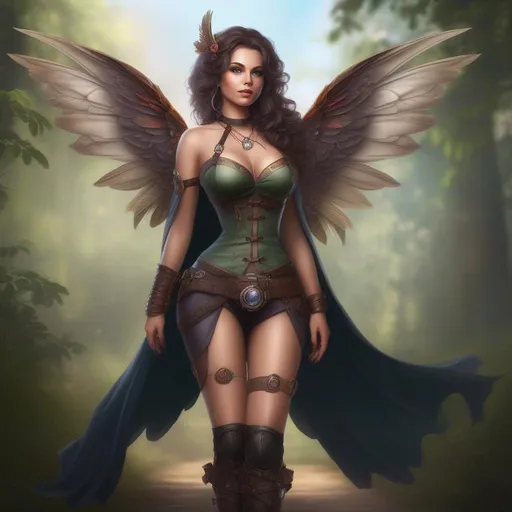 Prompt: Full body shot. Hyper realistic painting. Concept art. matte painting. Detailed Illustration. photo realistic. A beautiful, buxom woman with immaculate hands, broad hips. extremely colored, bright eyes,  standing in a forest by a village. Shes a Steam Punk, gothic style witch. A distinct Winged fairy, with a skimpy, colorful, gossamer, flowing outfit.  On a picturesque Halloween night. Octane render. 4k. 8k. Epic. Cinematic. Wide angle.  