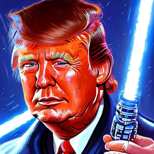 Prompt: star wars movie poster: Donald Trump the master jedi has blue a blue lightsaber and a red cloak. He is fighting Kim Jong Un who is wearing a dark cloak and has a red lightsaber 