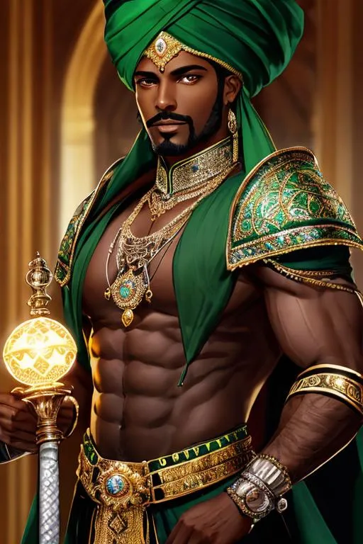 Prompt: Extremely handsom dark skinned Black Moorish Man with facial hair, short, cut hair wearing a green turban. Muscular. Masculine. Visible Vertical scar on eye, wearing ornate jewel-encrusted crown. Centered. Portrait.  Green ornate, elegant coat covered with shiny diamond armor. Beautiful brown eyes. He is holding a glistening sword with a glowing sphere in the hilt. Facing the camera. Bright lights emanating from behind his head. 

Backround is sigil of constellations and zodiac signs