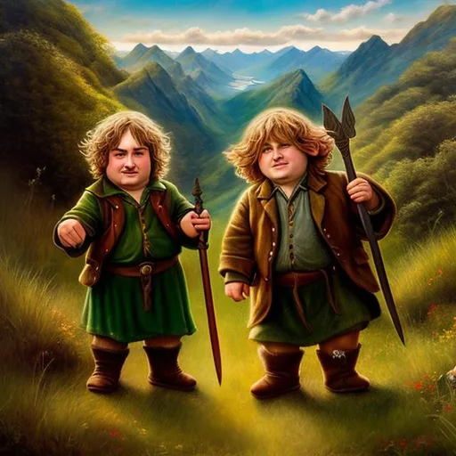 Prompt: Tenacious D as hobbits, {{{Masterpiece}}}, 4K, painting, traditional art,